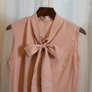 Blush Pink Bow-Tie Blouse with Sheer Swiss Dot Sleeves
